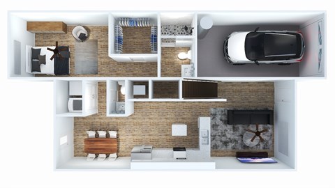 A top-down view of a modern apartment with a kitchen, living room, and bedroom.